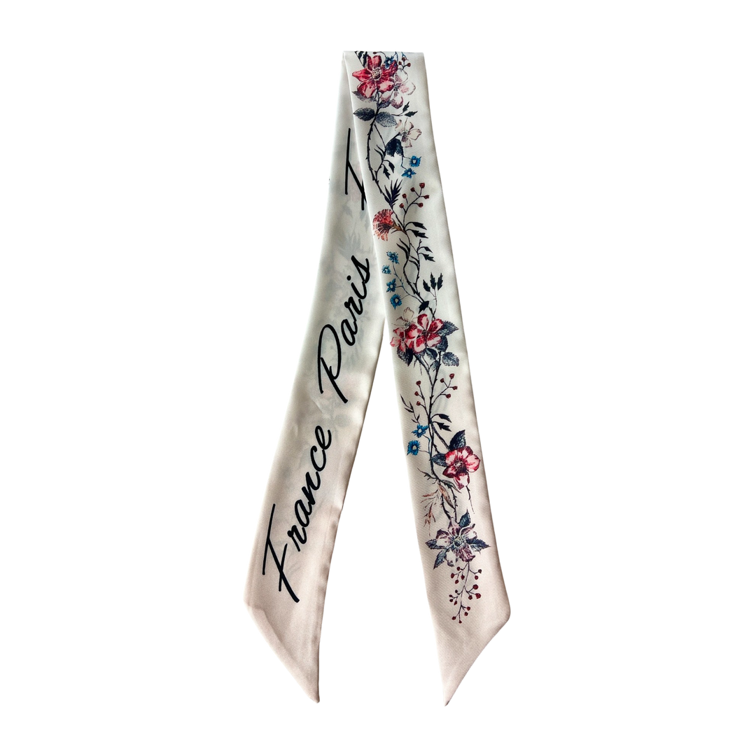 Silk Skinny Scarf French Pink & White Flowers